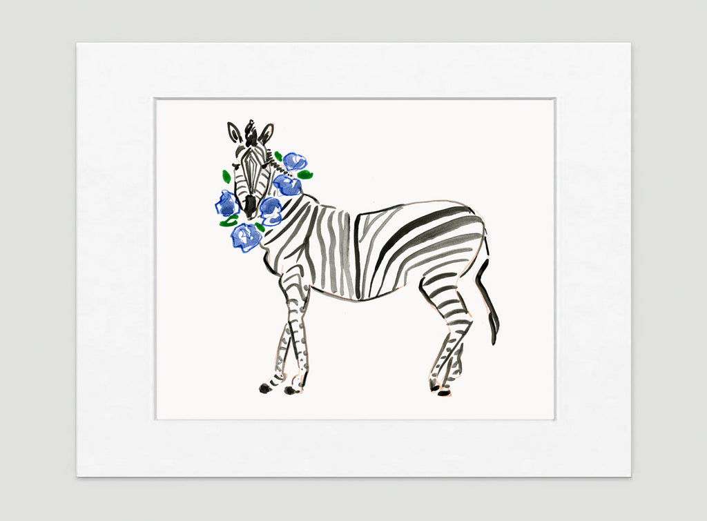 Blue Flower Zebra Art Print - Animal Illustrations Wall Art Collection Zander Zebra Art Print - Animal Illustrations Wall Art Collection-Di Lewis