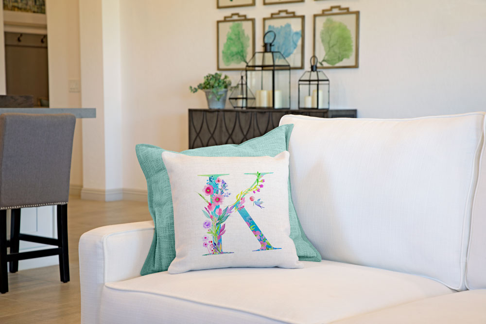 Floral Watercolor Monogram Letter K Throw Pillow Cover