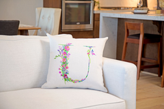 Floral Watercolor Monogram Letter U Throw Pillow Cover