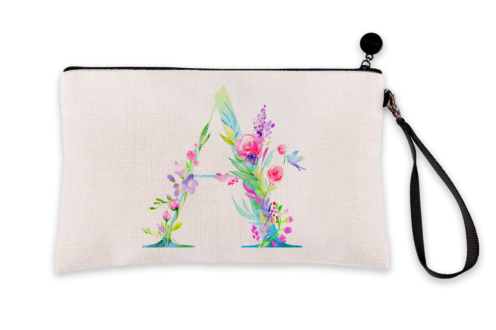 Floral Watercolor Monogram Letter A Makeup Bag