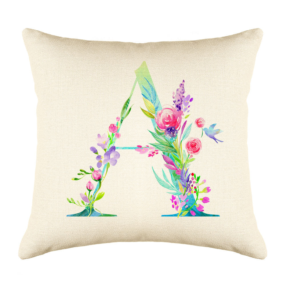 Floral Watercolor Monogram Letter A Throw Pillow Cover