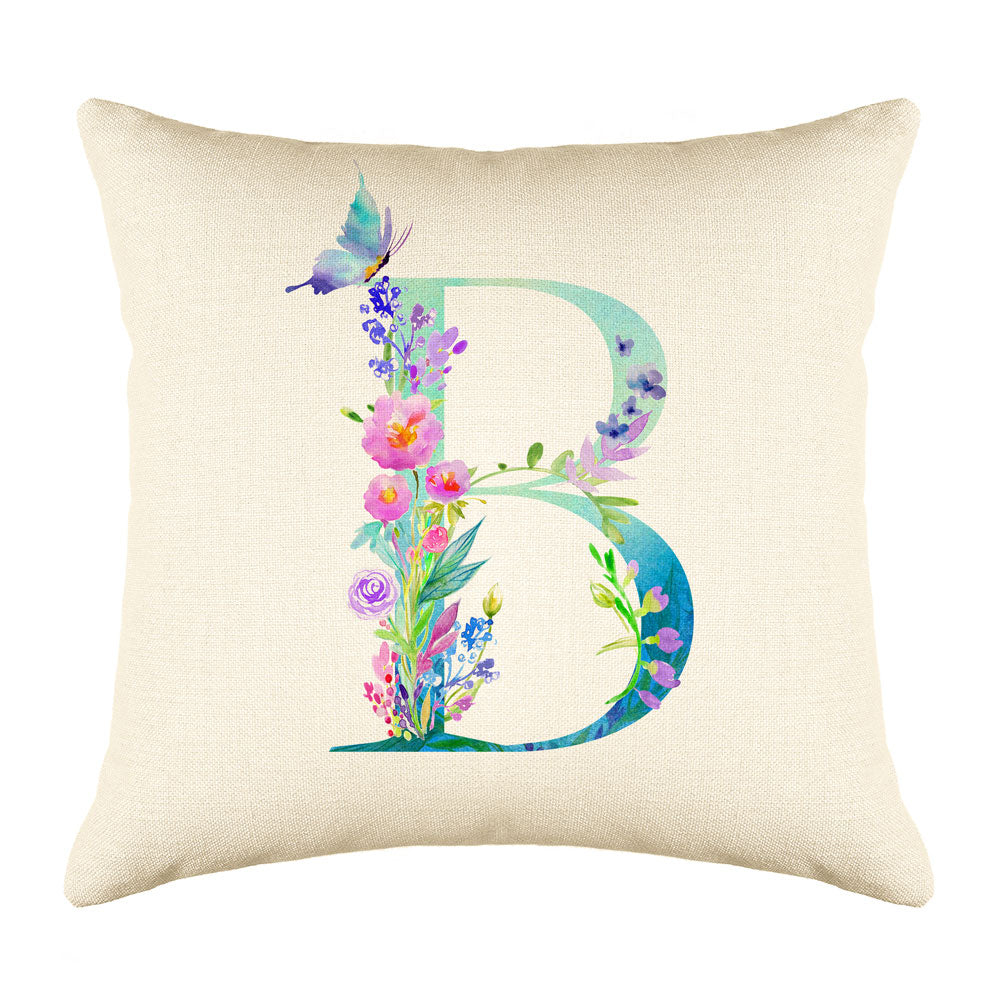Floral Watercolor Monogram Letter B Throw Pillow Cover