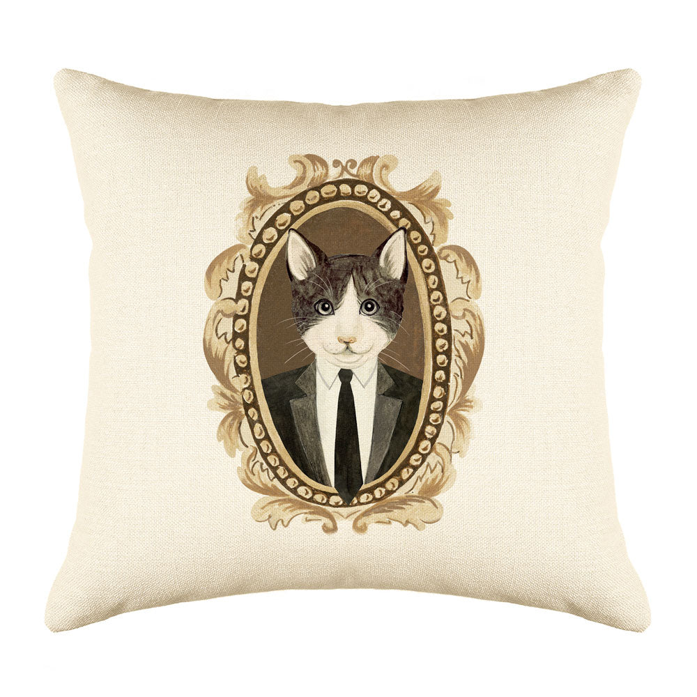 Black and White Cat Portrait Throw Pillow Cover - Cat Illustration Throw Pillow Cover Collection-Di Lewis