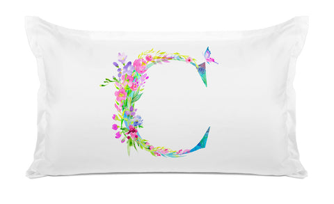 Floral Watercolor Monogram Letter C Pillowcase