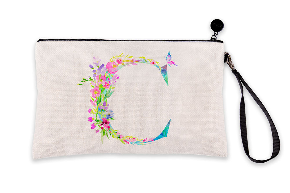 Floral Watercolor Monogram Letter C Makeup Bag
