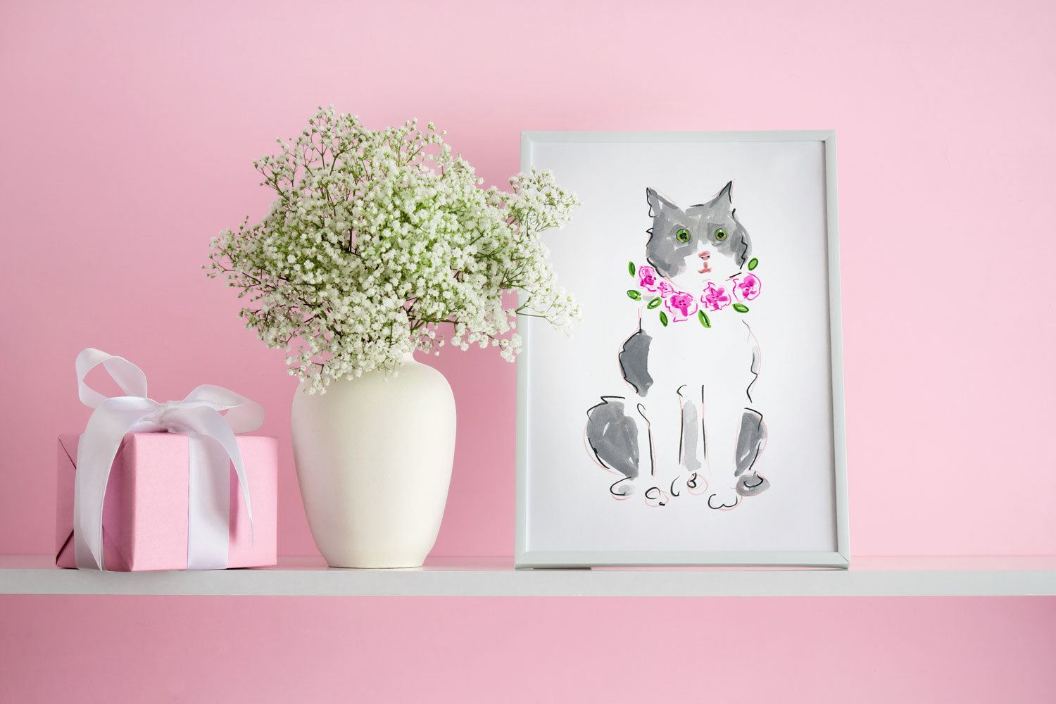 Grey and White Cat Art Print - Cat Illustrations Wall Art Collection-Di Lewis
