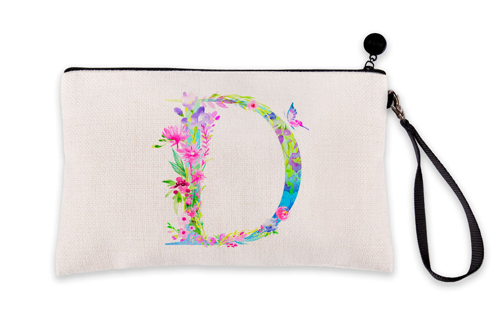 Floral Watercolor Monogram Letter D Makeup Bag