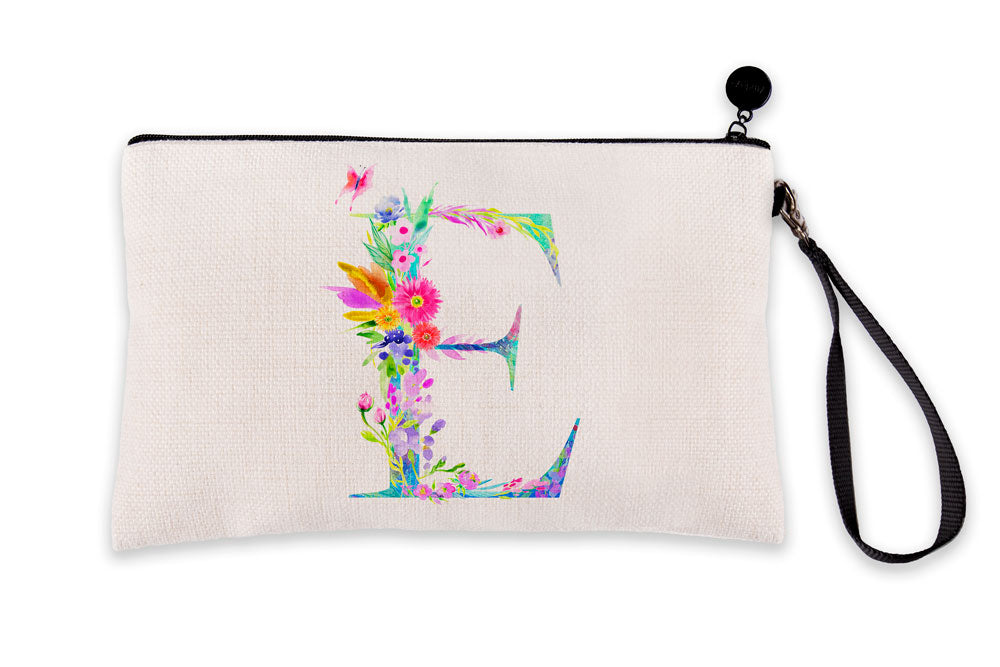 Floral Watercolor Monogram Letter E Makeup Bag