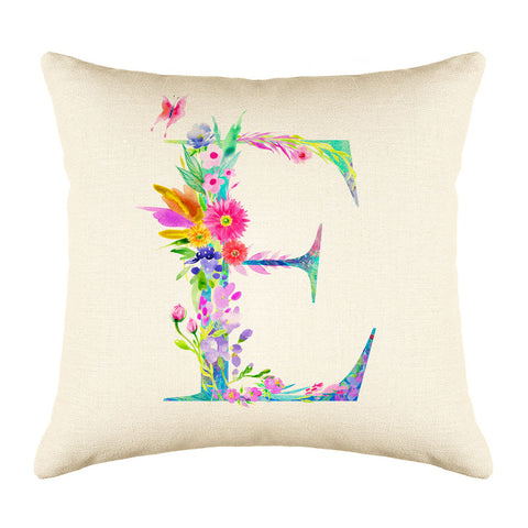 Floral Watercolor Monogram Letter E Throw Pillow Cover
