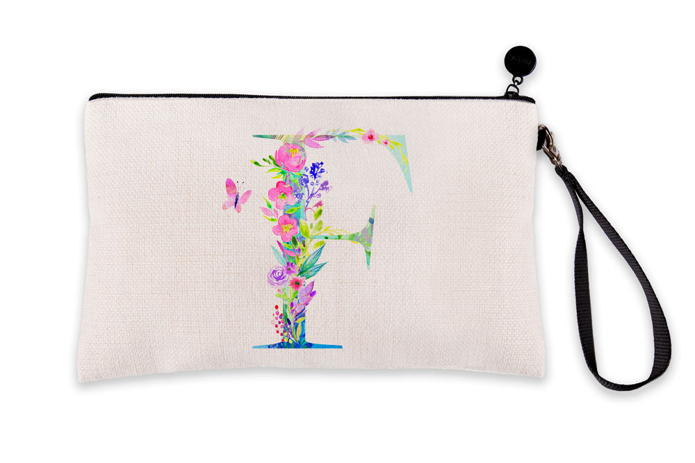 Floral Watercolor Monogram Letter F Makeup Bag