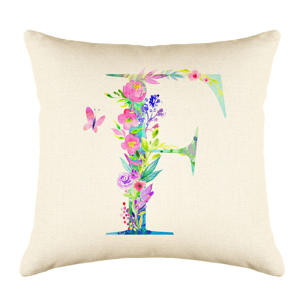 Floral Watercolor Monogram Letter F Throw Pillow Cover
