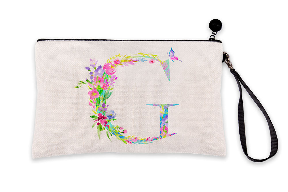 Floral Watercolor Monogram Letter G Makeup Bag