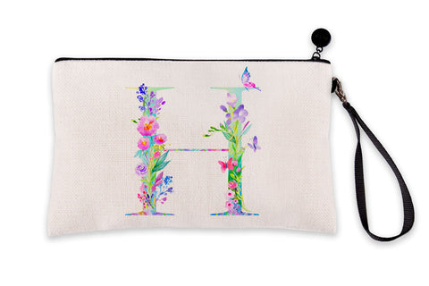 Floral Watercolor Monogram Letter H Makeup Bag