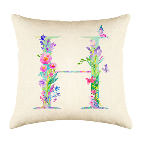 Floral Watercolor Monogram Letter H Throw Pillow Cover