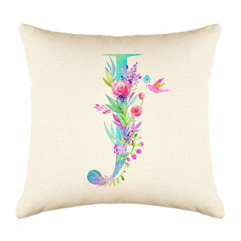 Floral Watercolor Monogram Letter J Throw Pillow Cover