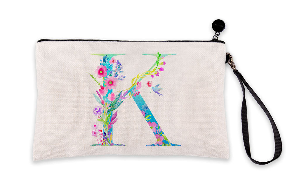 Floral Watercolor Monogram Letter K Makeup Bag