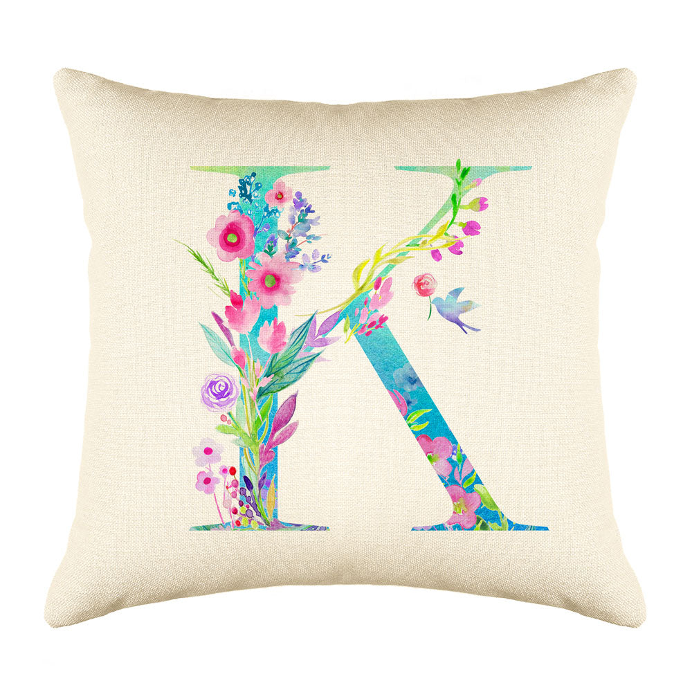 Floral Watercolor Monogram Letter K Throw Pillow Cover