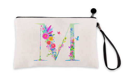 Floral Watercolor Monogram Letter M Makeup Bag