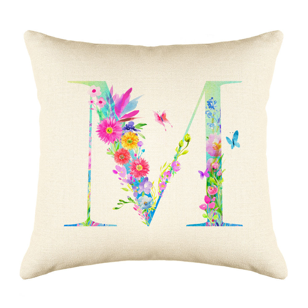 Floral Watercolor Monogram Letter M Throw Pillow Cover