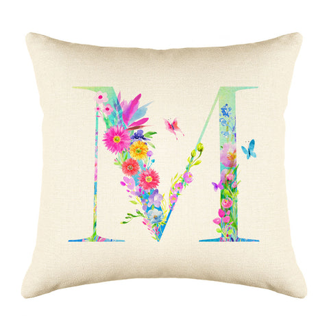 Floral Watercolor Monogram Letter M Throw Pillow Cover
