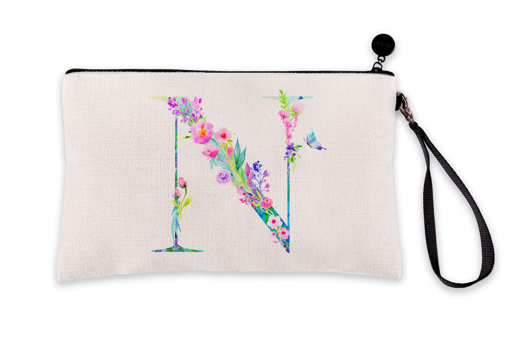 Floral Watercolor Monogram Letter N Makeup Bag