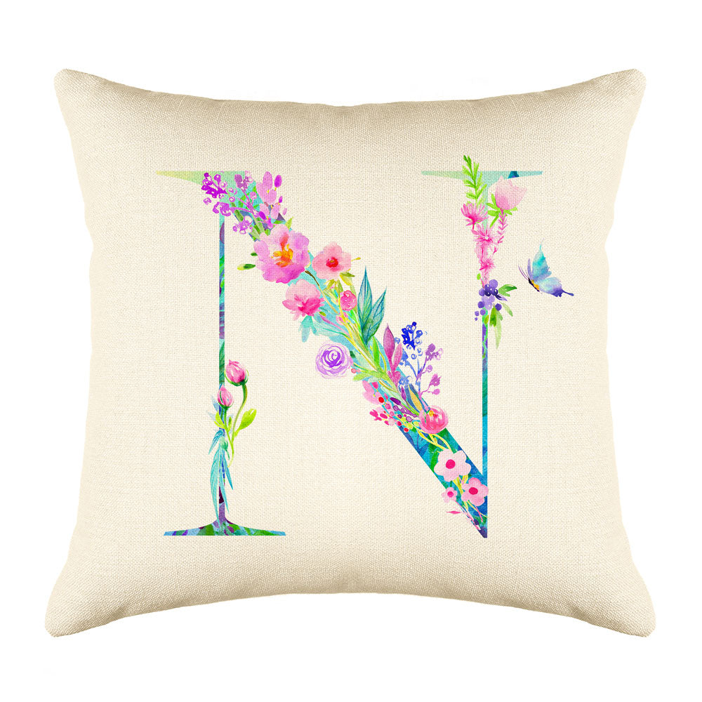 Floral Watercolor Monogram Letter N Throw Pillow Cover