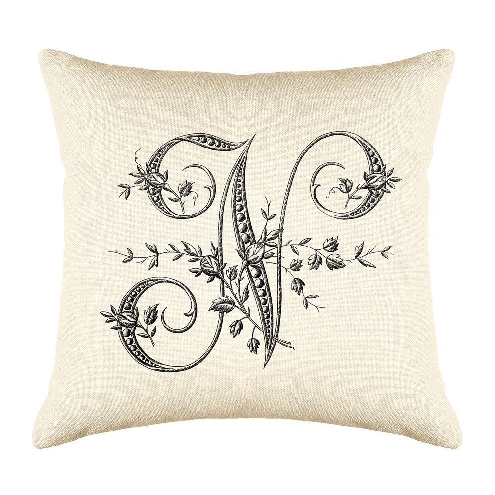 Vintage French Monogram Letter N Throw Pillow Cover