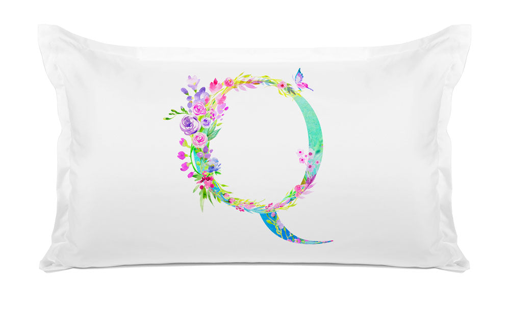 Floral Watercolor Monogram Letter Q Pillowcase