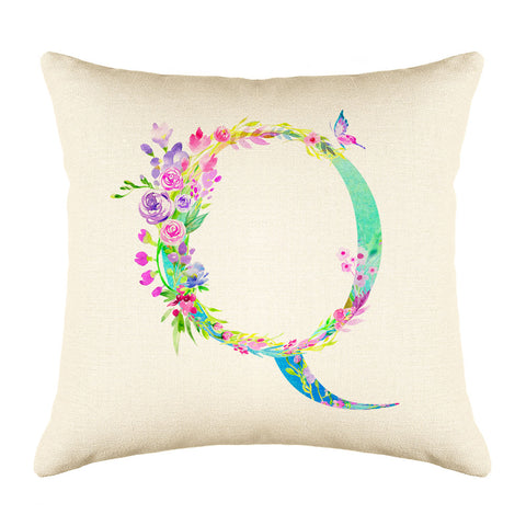 Floral Watercolor Monogram Letter Q Throw Pillow Cover