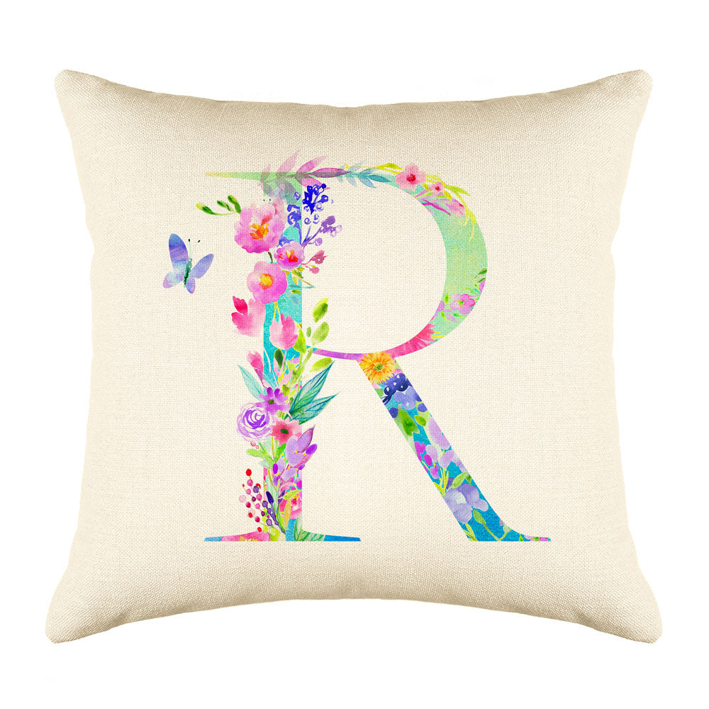 Floral Watercolor Monogram Letter R Throw Pillow Cover