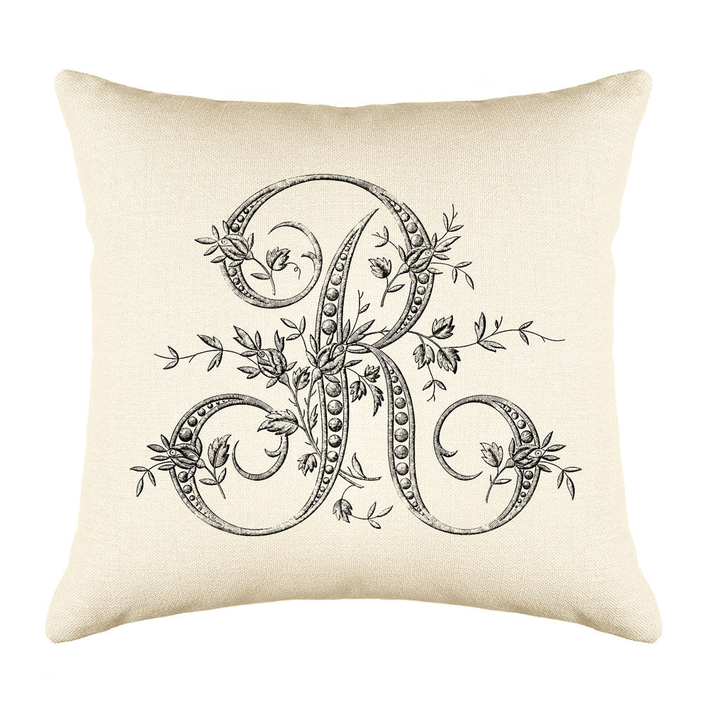 Vintage French Monogram Letter R Throw Pillow Cover