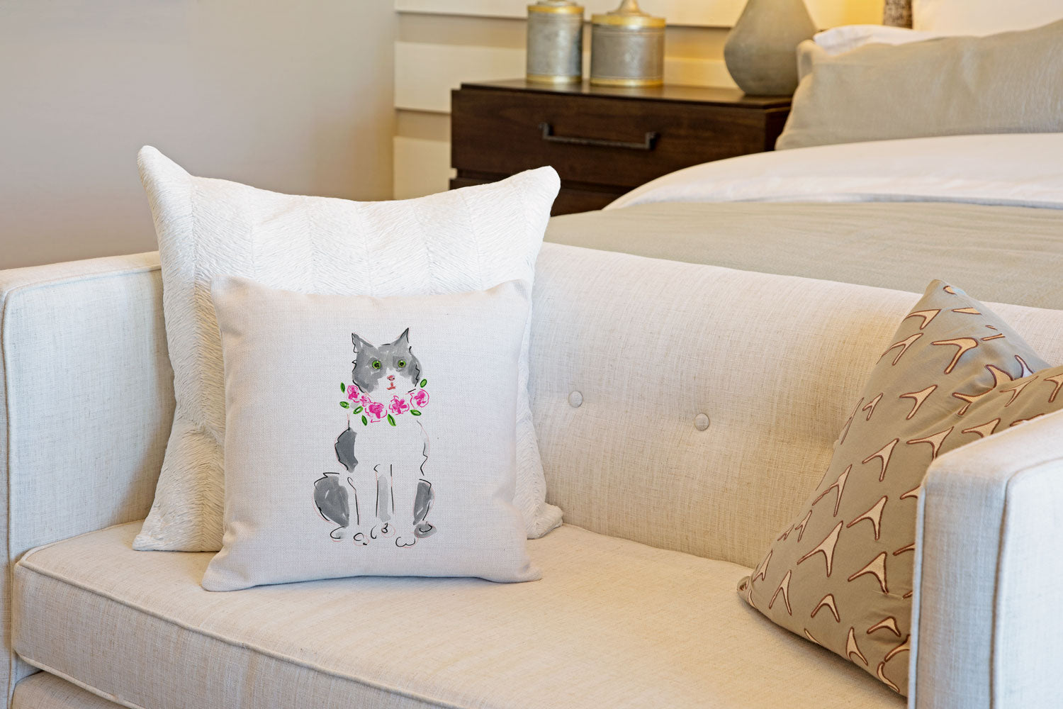 Grey and White Cat Throw Pillow Cover - Cat Illustration Throw Pillow Cover Collection-Di Lewis