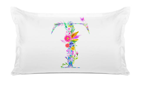 Floral Watercolor Monogram Letter T Pillowcase