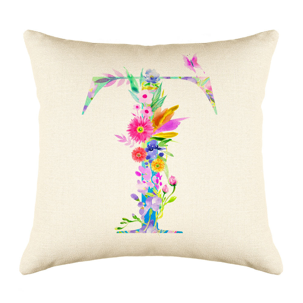 Floral Watercolor Monogram Letter T Throw Pillow Cover
