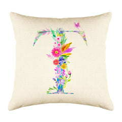 Floral Watercolor Monogram Letter T Throw Pillow Cover