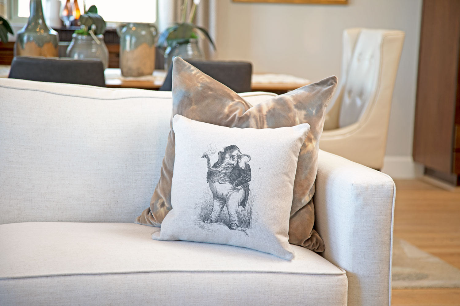 The Smoking Elephant Throw Pillow Cover - Animal Illustrations Throw Pillow Cover Collection-Di Lewis