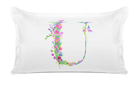 Floral Watercolor Monogram Letter U Pillowcase