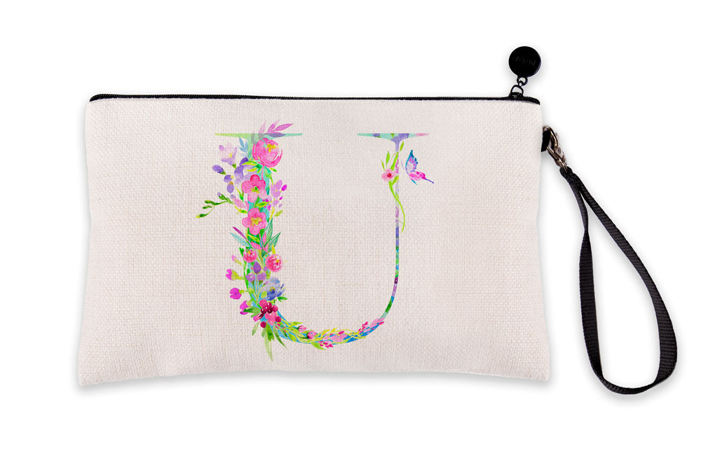 Floral Watercolor Monogram Letter U Makeup Bag