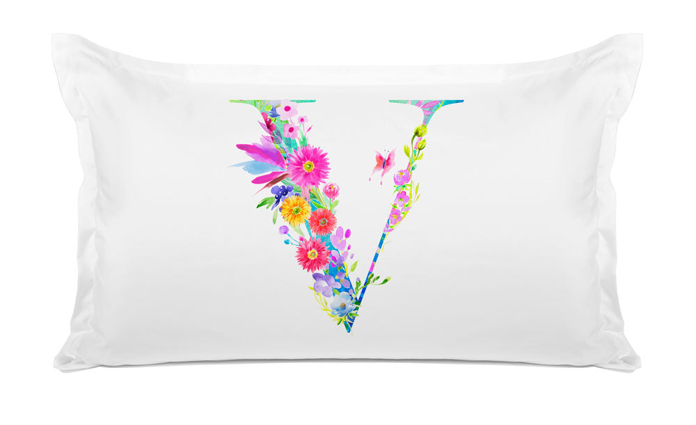 Floral Watercolor Monogram Letter V Pillowcase