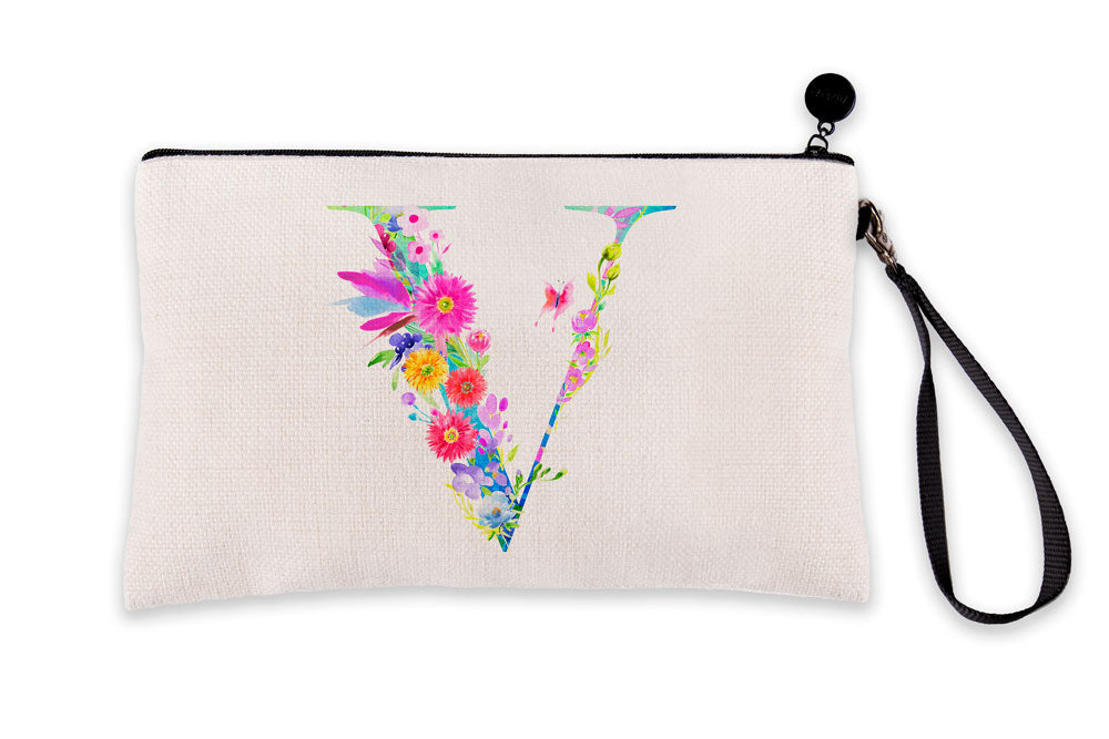 Floral Watercolor Monogram Letter V Makeup Bag