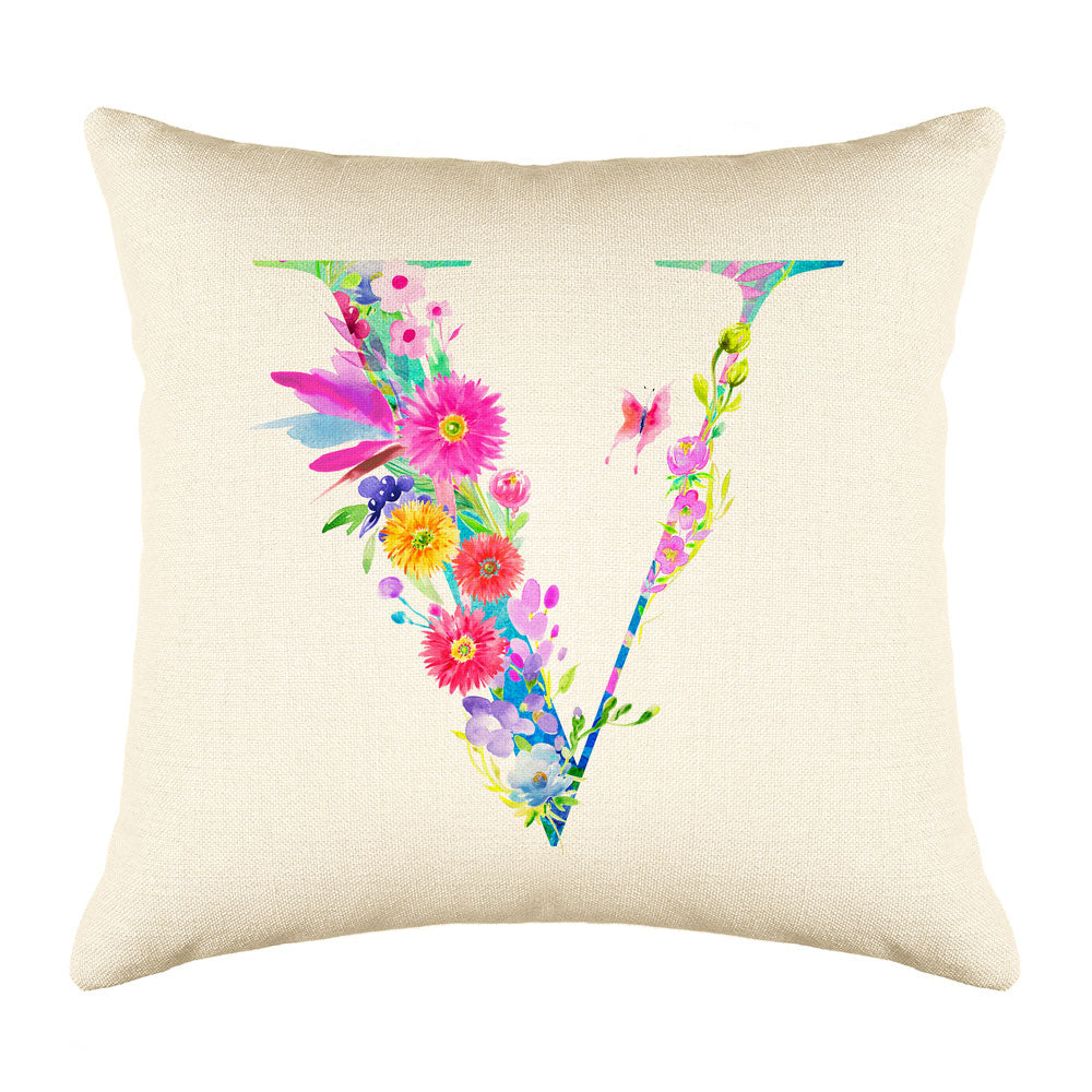 Floral Watercolor Monogram Letter V Throw Pillow Cover