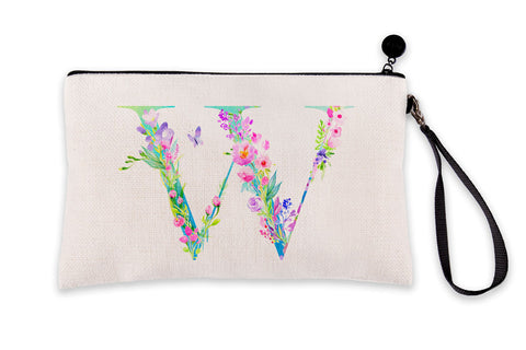 Floral Watercolor Monogram Letter W Makeup Bag