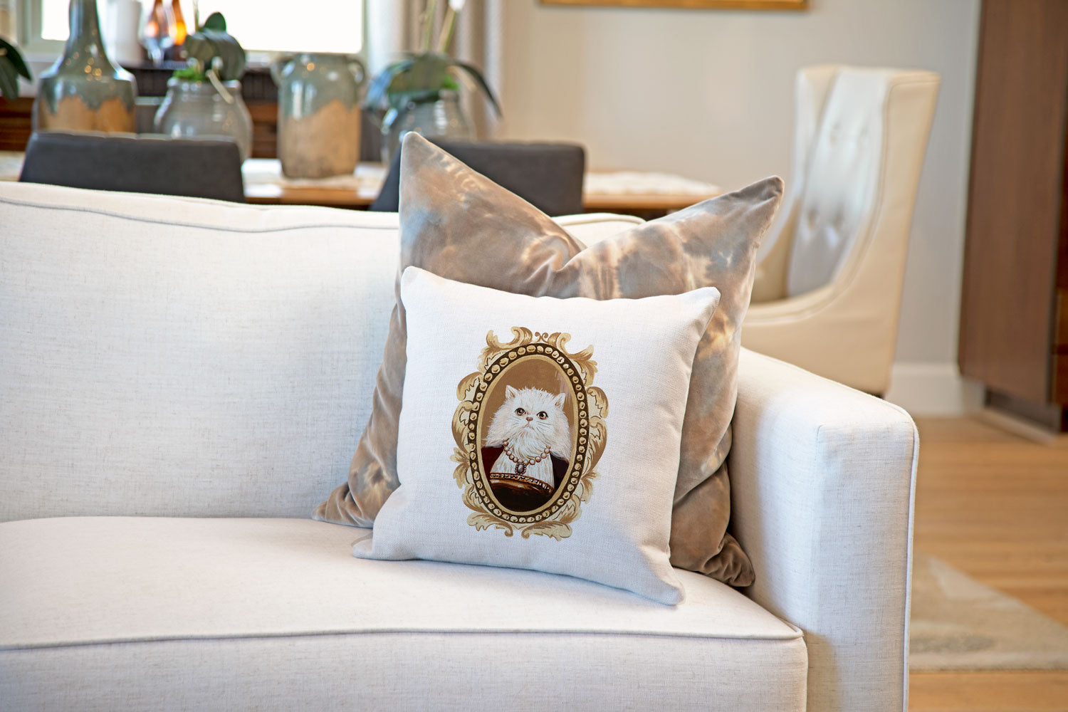 White Persian Cat Portrait Throw Pillow Cover - Cat Illustration Throw Pillow Cover Collection-Di Lewis