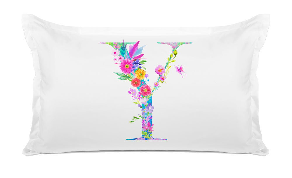 Floral Watercolor Monogram Letter Y Pillowcase