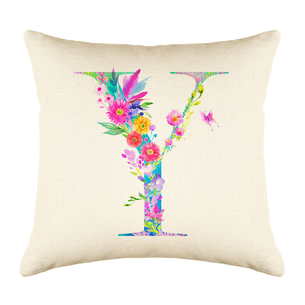 Floral Watercolor Monogram Letter Y Throw Pillow Cover